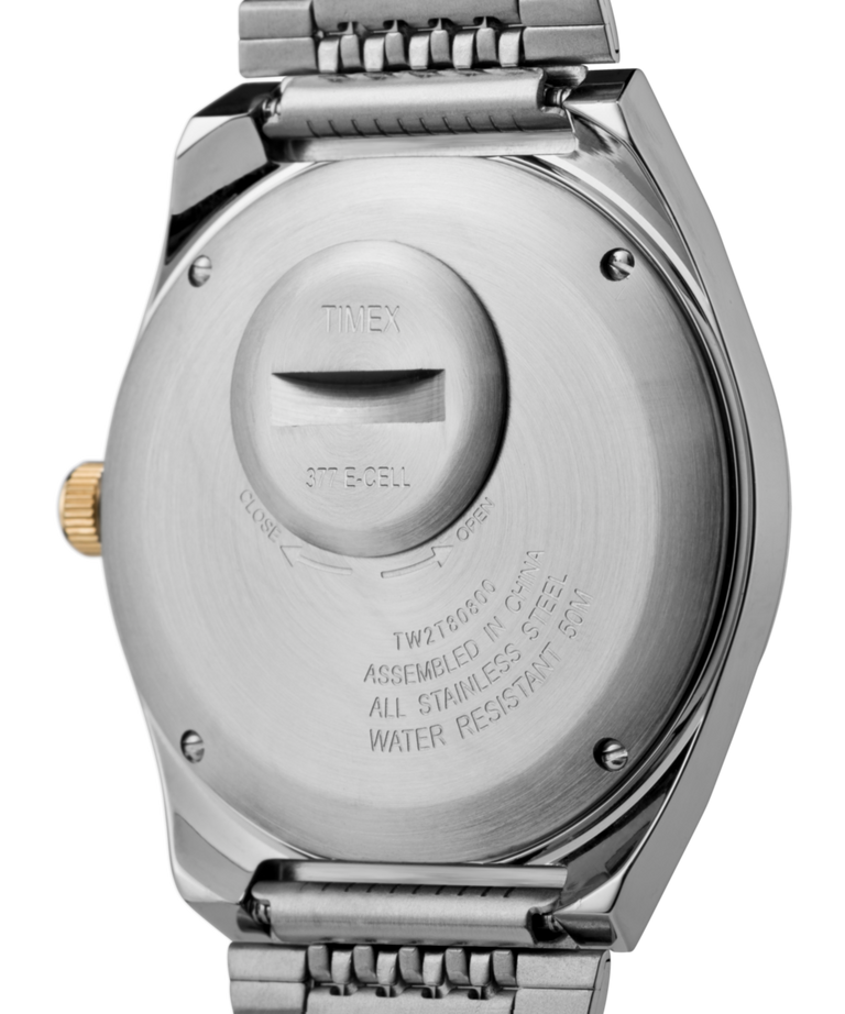 TW2T80800 Q Timex Reissue Falcon Eye 38mm Stainless Steel Bracelet Watch Caseback Image