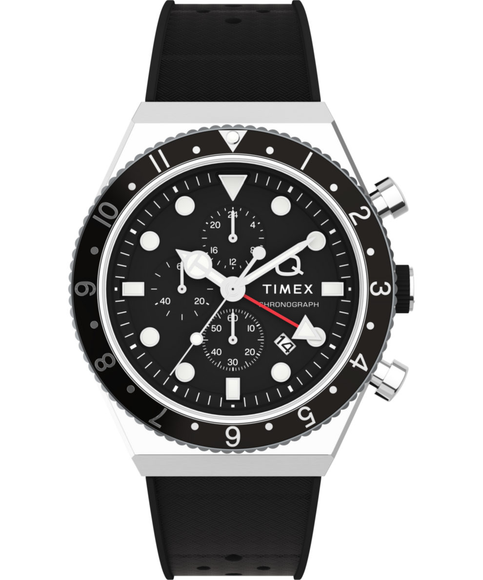 Q Timex 3 Time Zone Chronograph 40mm Synthetic Rubber Strap Watch