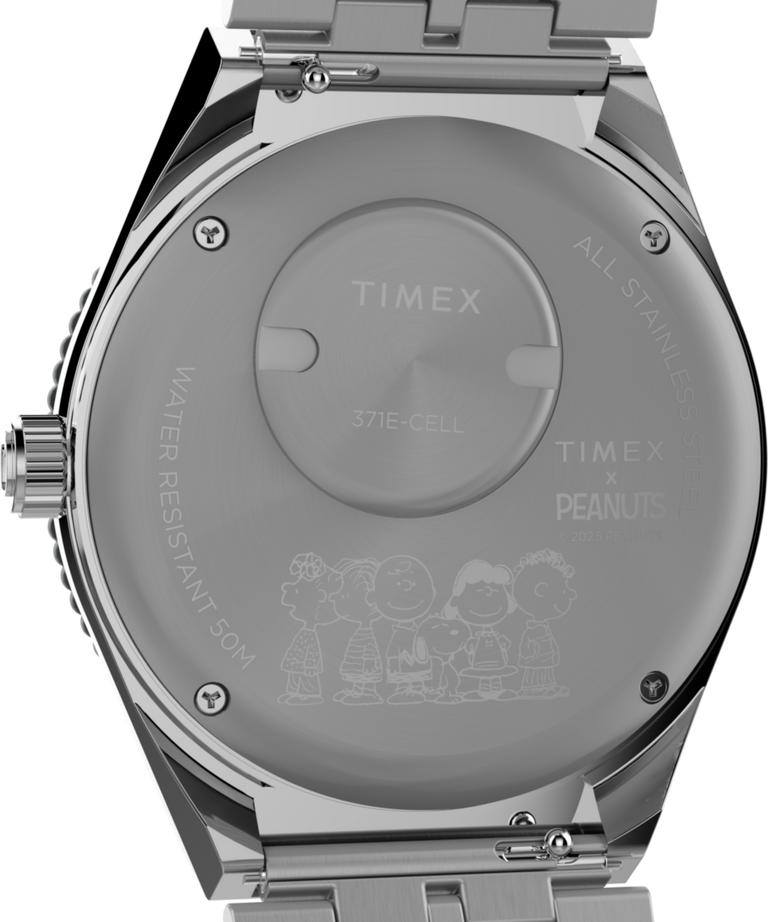 TW2W83300 Timex x Peanuts® Q Timex® GMT 38mm Stainless Steel Bracelet Watch Caseback Image