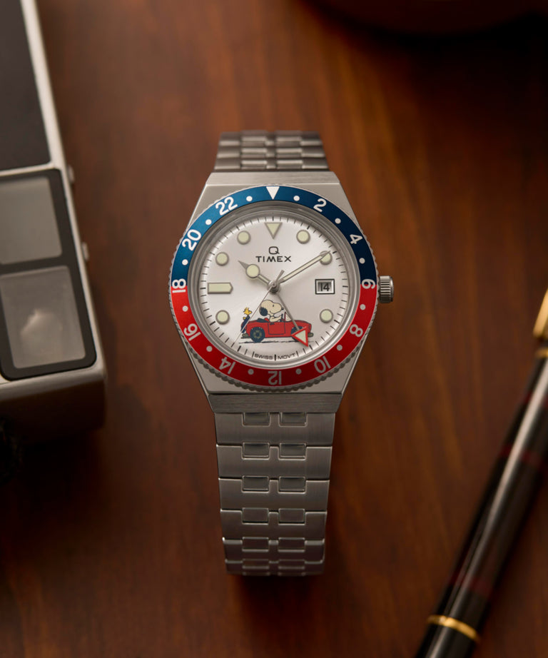 TW2W83300 Peanuts® x Q Timex® GMT 38mm Stainless Steel Bracelet Watch Campaign Key Silhouettes (Beauty shots) Image