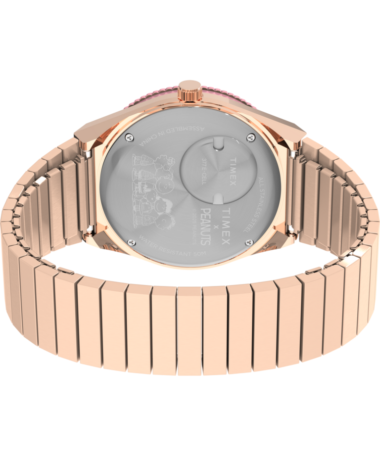 TW2W83800 Timex x Peanuts® Q Timex® In Bloom 36mm Stainless Steel Expansion Band Watch Caseback with Attachment Image