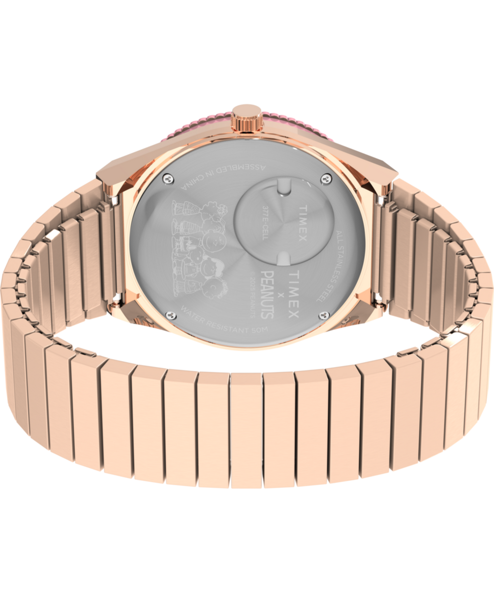 TW2W83800 Timex x Peanuts® Q Timex® In Bloom 36mm Stainless Steel Expansion Band Watch Caseback with Attachment Image