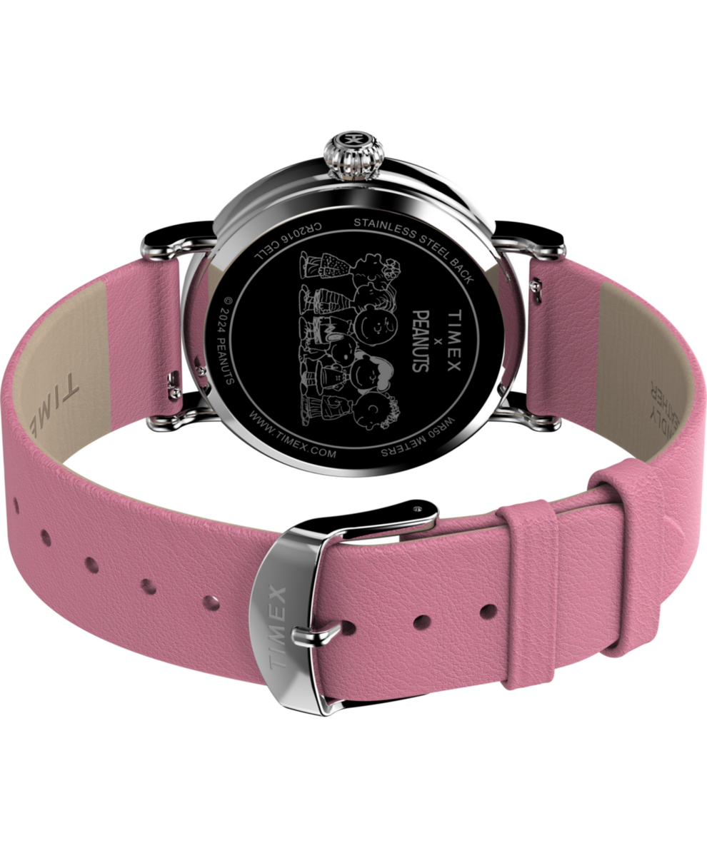 TW2W88900 Timex Standard x Peanuts Valentine's 40mm Leather Strap Watch Caseback with Attachment Image