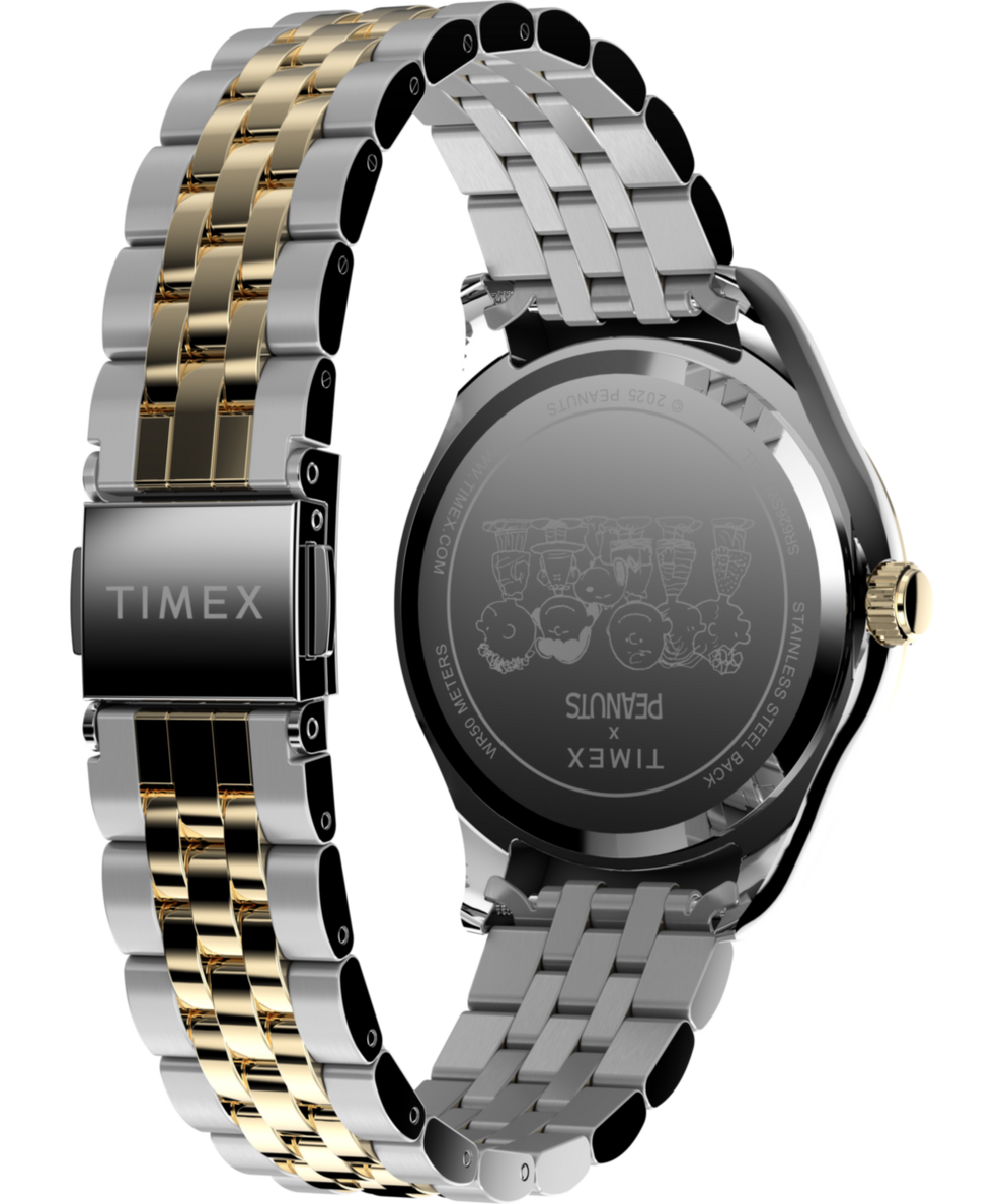 TW2W95100 Timex x Peanuts® Timex Legacy In Bloom 34mm Stainless Steel Bracelet Watch Caseback with Attachment Image