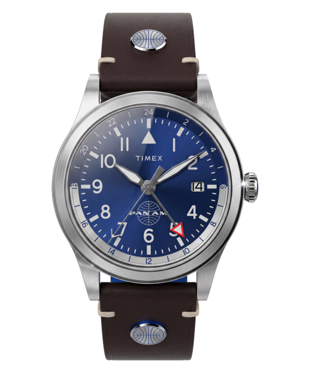TW2W97300 Pan Am® x Timex Waterbury GMT 39mm Leather Strap Watch  Primary Image