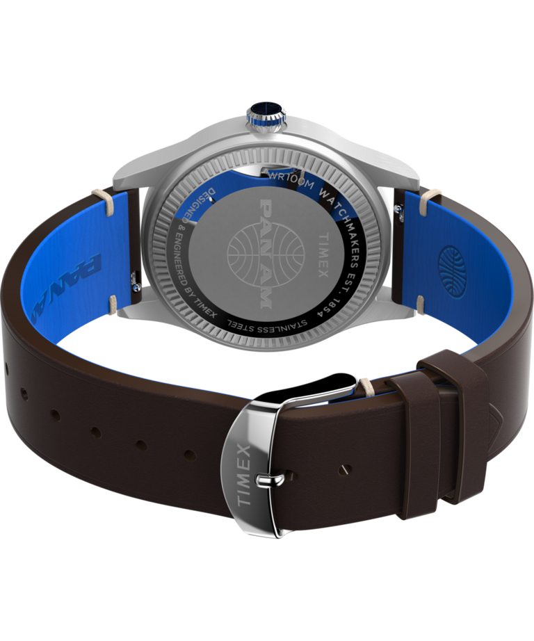 TW2W97300 Timex Waterbury GMT x Pan Am® 39mm Leather Strap Watch  Caseback with Attachment Image