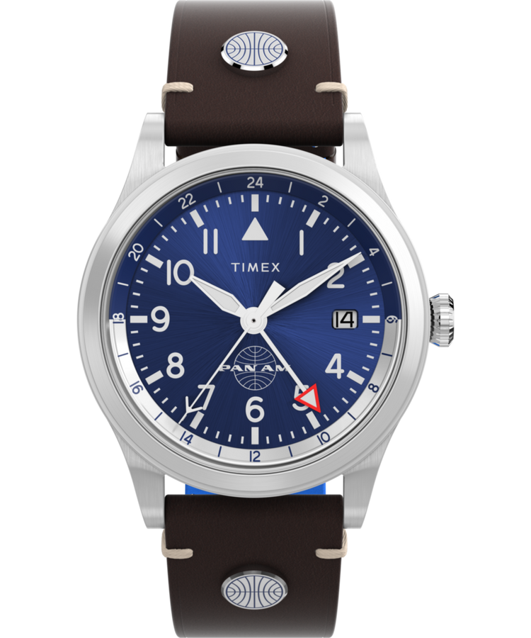 TW2W97300 Pan Am® x Timex Waterbury GMT 39mm Leather Strap Watch  Primary Image