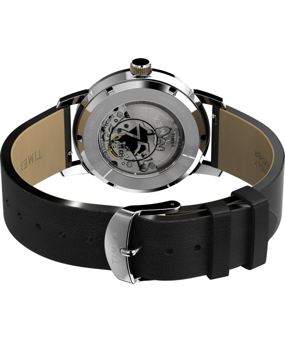 TW2Y10000 Timex x Peanuts® Marlin® Automatic 75th Anniversary Edition 40mm Leather Strap Watch Caseback with Attachment Image