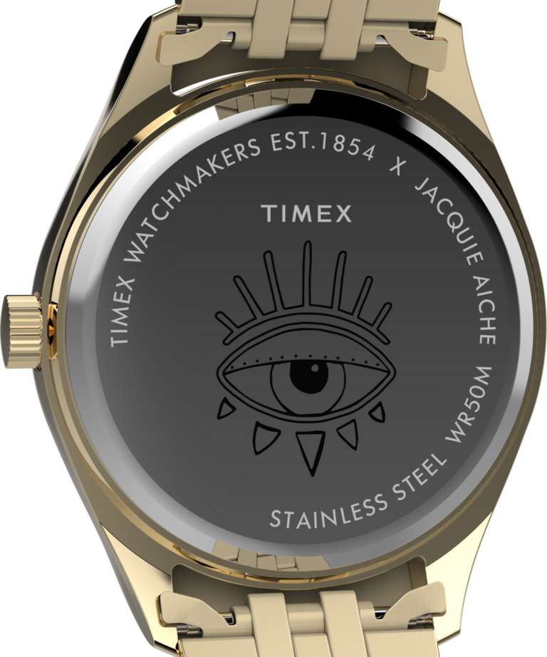 TW2Y11200 Timex x Jacquie Aiche Guiding Light 36mm Stainless Steel Bracelet Watch Caseback Image