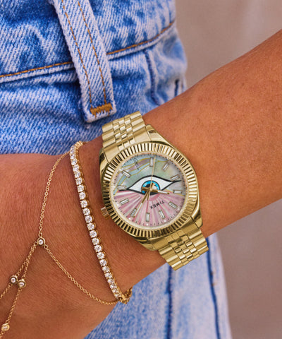 TW2Y11200 Timex x Jacquie Aiche Guiding Light 36mm Stainless Steel Bracelet Watch Primary Wrist Image