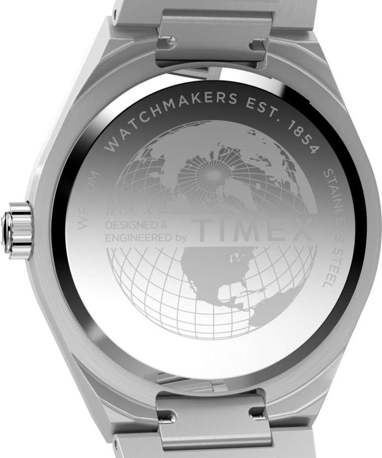 TW2Y12100 Q Timex® Continental GMT 39mm Stainless Steel Bracelet Watch Caseback Image