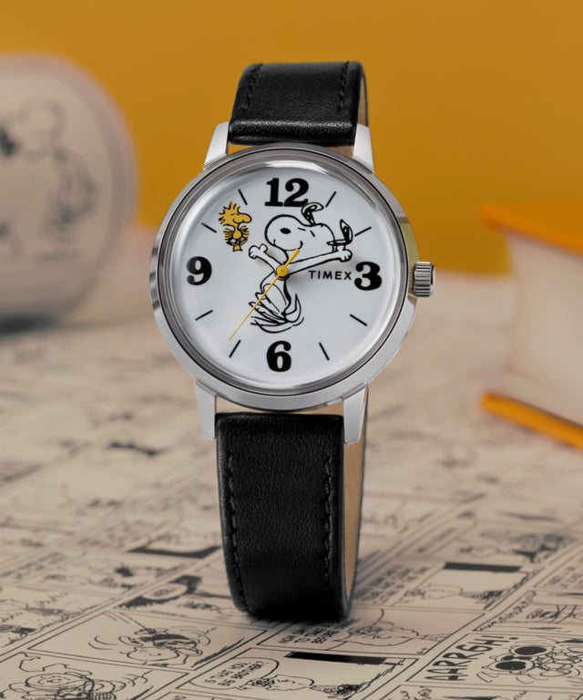 TW2Y19900 Timex x Peanuts® Marlin® 75th Anniversary Edition 38mm Leather Strap Watch  Campaign Key Silhouettes (Beauty shots) Image