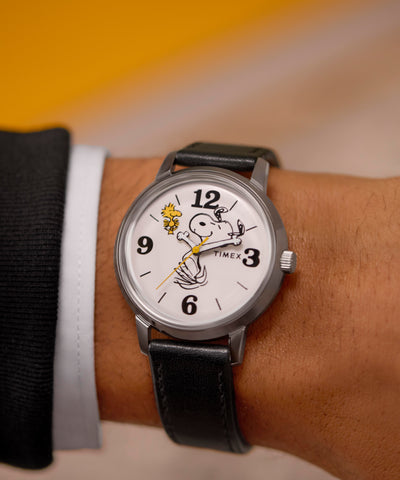 TW2Y19900 Timex x Peanuts® Marlin® 75th Anniversary Edition 38mm Leather Strap Watch  Alt Wrist Shot 1 Image
