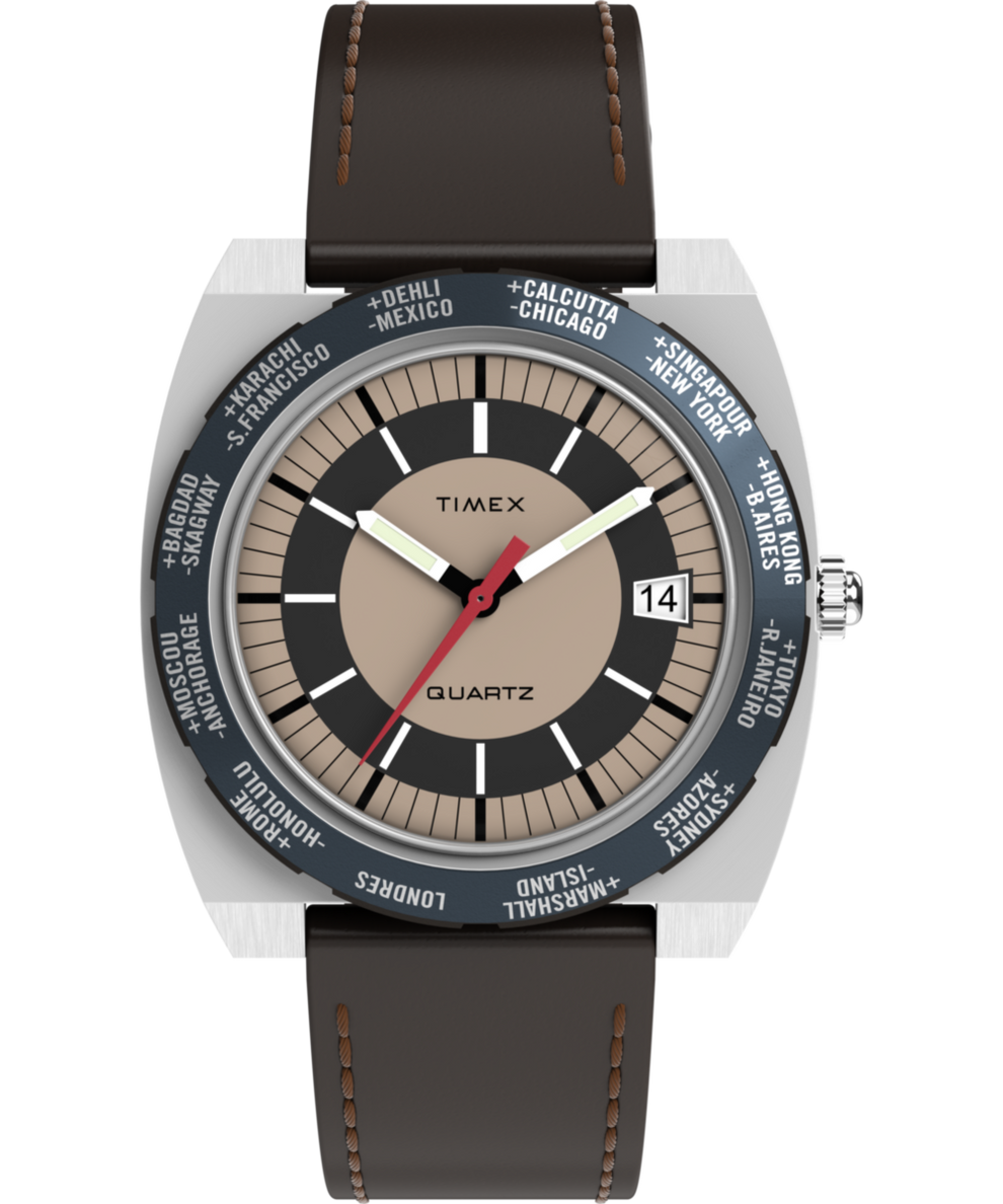 TW2Y31300 Q Timex® 1972 World Time 39mm Leather Strap Watch Primary Image