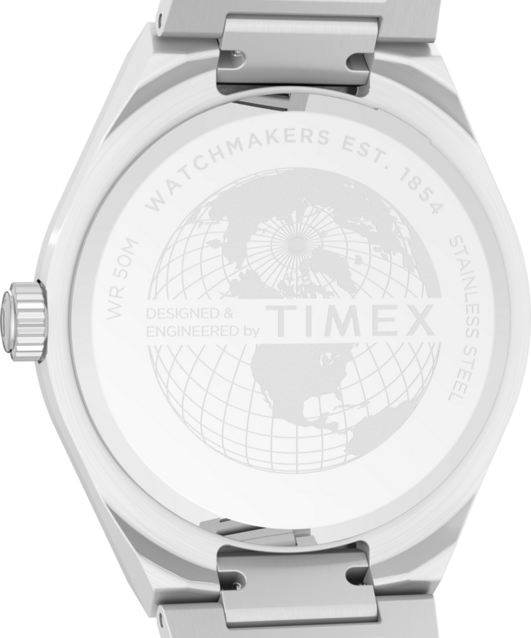 TW2Y35200 Q Timex® Continental Day and Date 39mm Stainless Steel Bracelet Watch Caseback Image