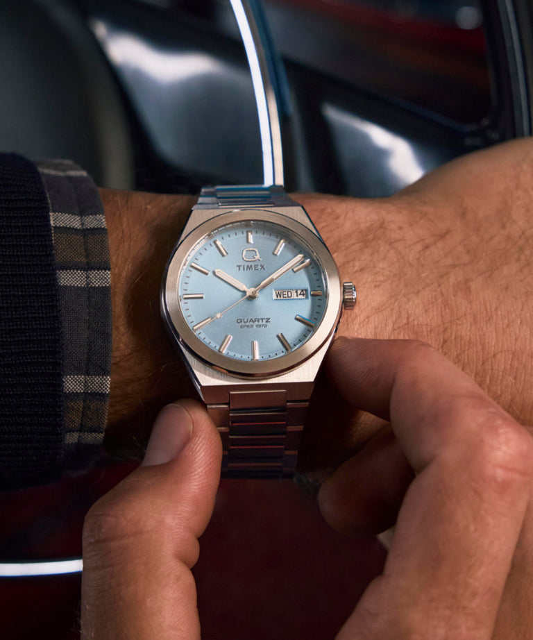 TW2Y35200 Q Timex® Continental Day and Date 39mm Stainless Steel Bracelet Watch Primary Wrist Image