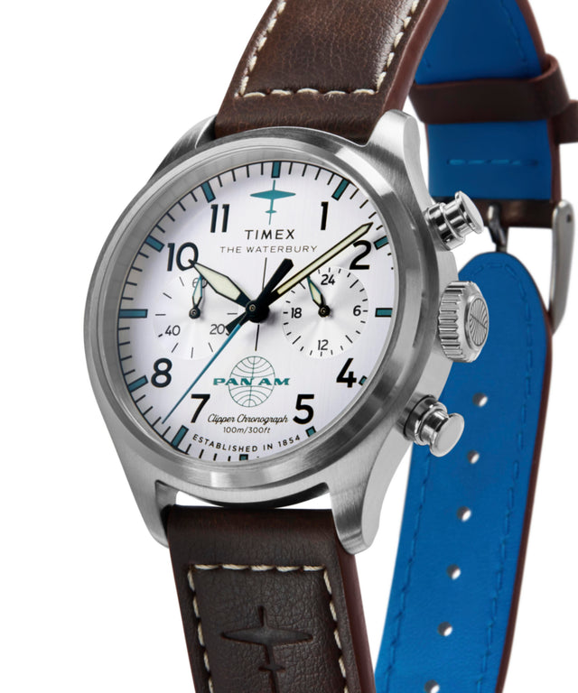 TW2Y38700 Timex x Pan Am® Waterbury Ace Chronograph 41mm Leather Strap Watch Campaign Key Silhouettes (Beauty shots) Image
