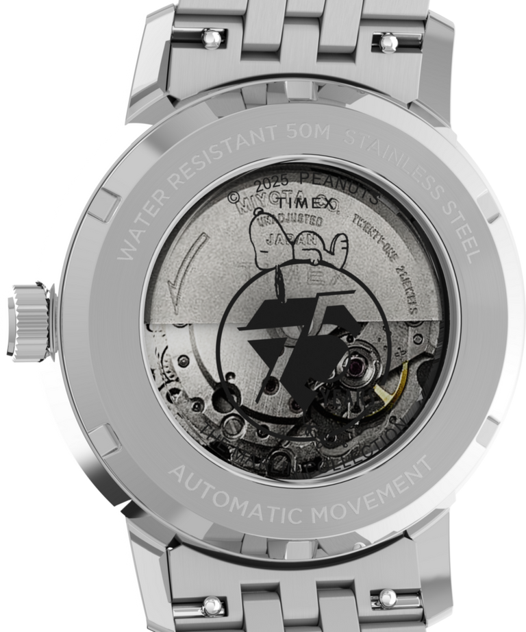 TW2Y45000 Timex x Peanuts® Marlin® Automatic 75th Anniversary 40mm Stainless Steel Bracelet Watch Caseback Image