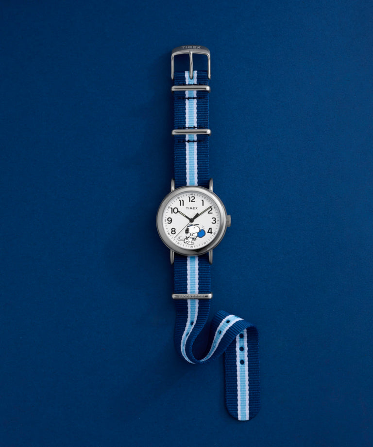 TW2Y50600 Peanuts® x Timex Weekender Pickleball 37mm Fabric Strap Watch Campaign Key Silhouettes (Beauty shots) Image