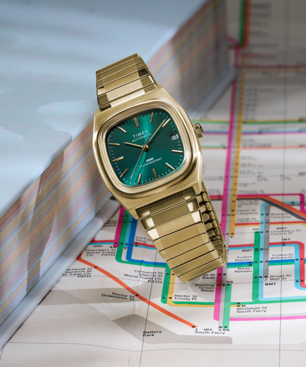 希少　NATAL DESIGN KERMIT RETRO STRIPE オーク Timex® Automatic 1983 E Line 34mm Stainless Steel Expansion Band