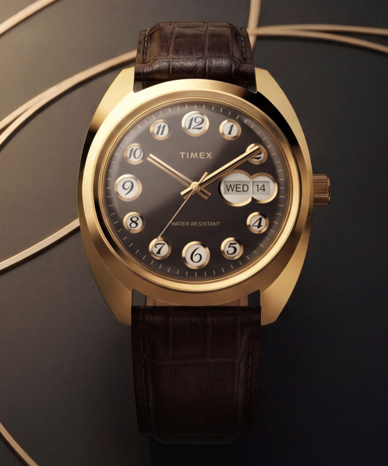 TW2Y82100 Timex® 1976 Rotary Phone Dial Reissue 37mm Leather Strap Watch   Campaign Key Silhouettes (Beauty shots) Image