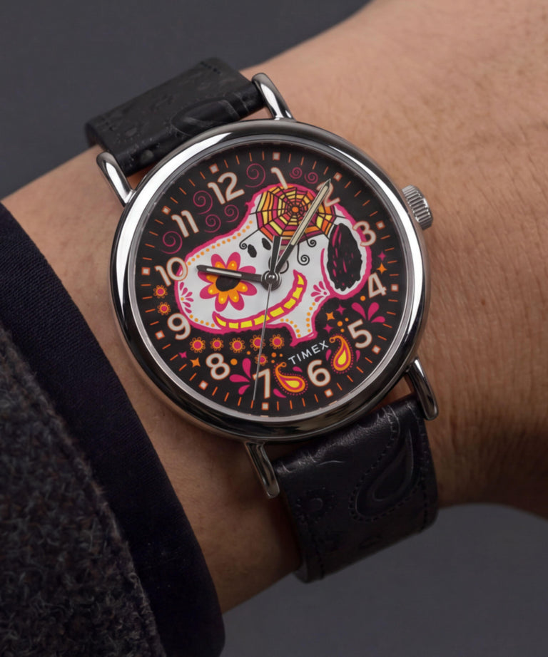 TW2Y85900 Peanuts® x Timex Weekender® Day of the Dead 40mm Leather Strap Watch Primary Wrist Image