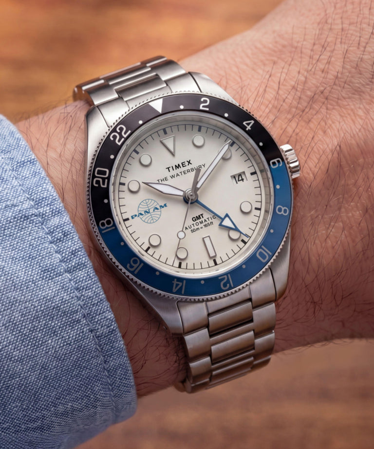 TW2Y94300 Pan Am® x Timex® Waterbury Automatic GMT 41.5mm Stainless Steel Bracelet Watch
 Primary Wrist Image