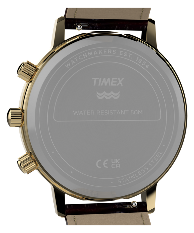 TW2Y99000 Timex 1990 Moon Phase and Calendar Dial Reissue 37mm Leather Strap Watch Caseback Image