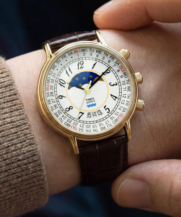 TW2Y99000 Timex 1990 Moon Phase and Calendar Dial Reissue 37mm Leather Strap Watch Primary Wrist Image