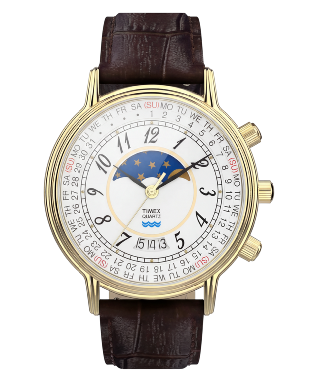 TW2Y99000 Timex 1990 Moon Phase and Calendar Dial Reissue 37mm Leather Strap Watch Primary Image
