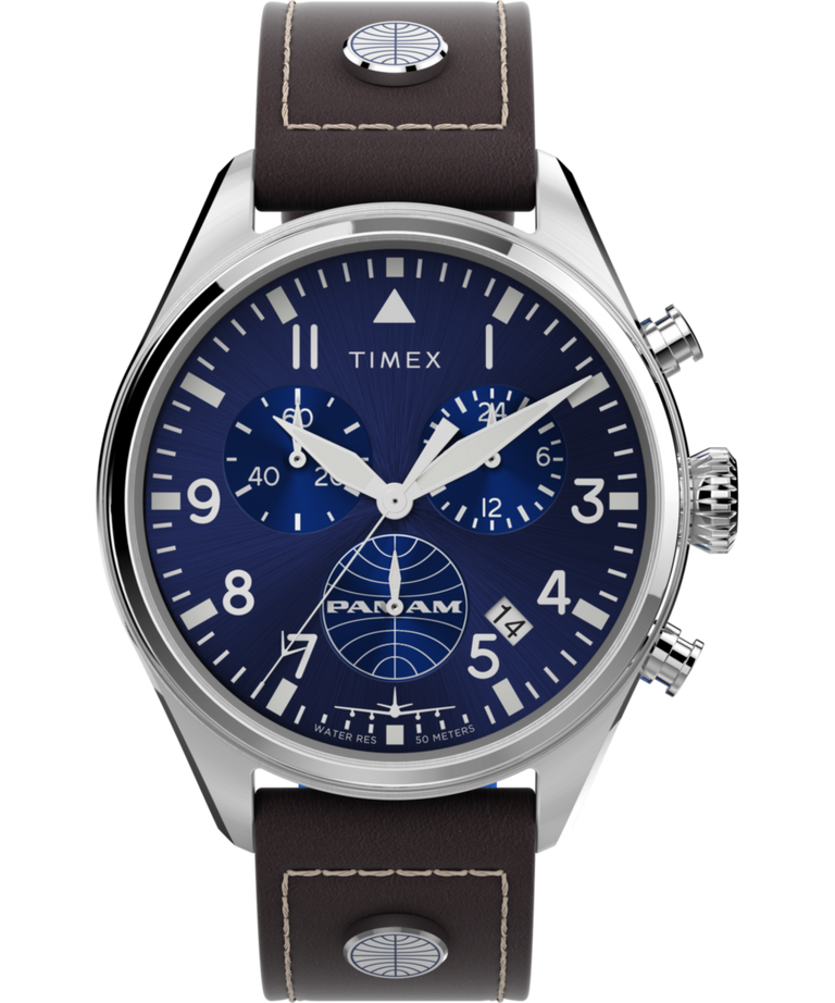 TWG030000 Pan Am x Timex Chronograph 42mm Leather Strap Watch Primary Image