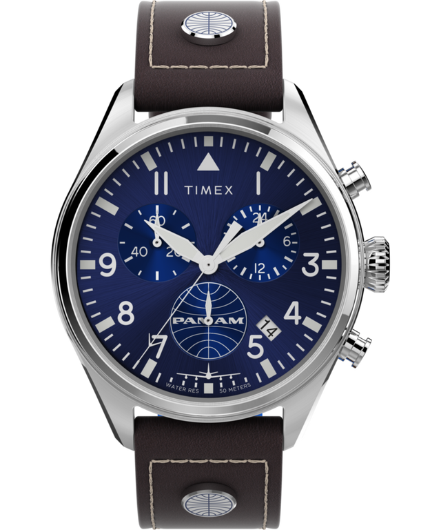 TWG030000 Pan Am x Timex Chronograph 42mm Leather Strap Watch Primary Image