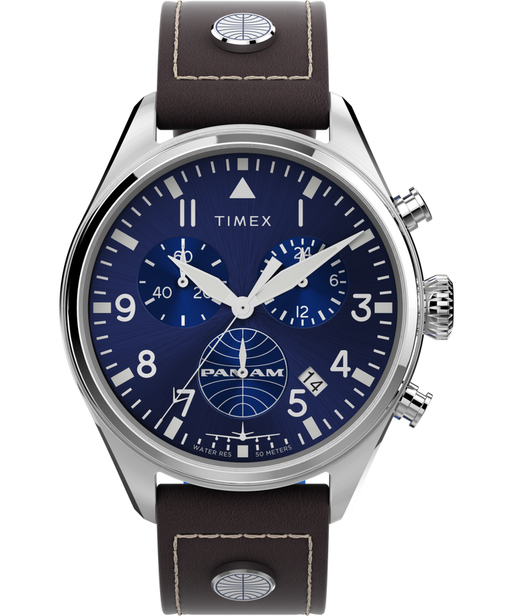 Timex X Pan Am Chronograph 42mm Leather Strap Watch