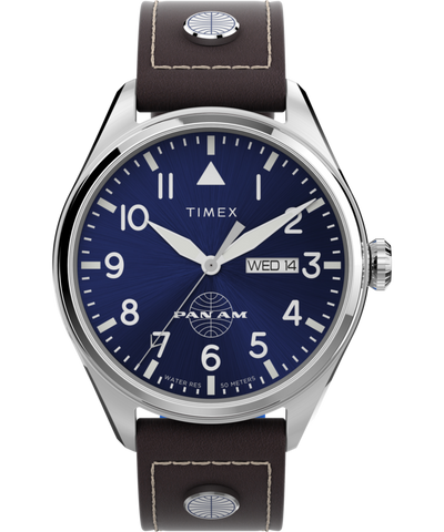 TWG030100 Pan Am x Timex Day-Date 42mm Leather Strap Watch Primary Image