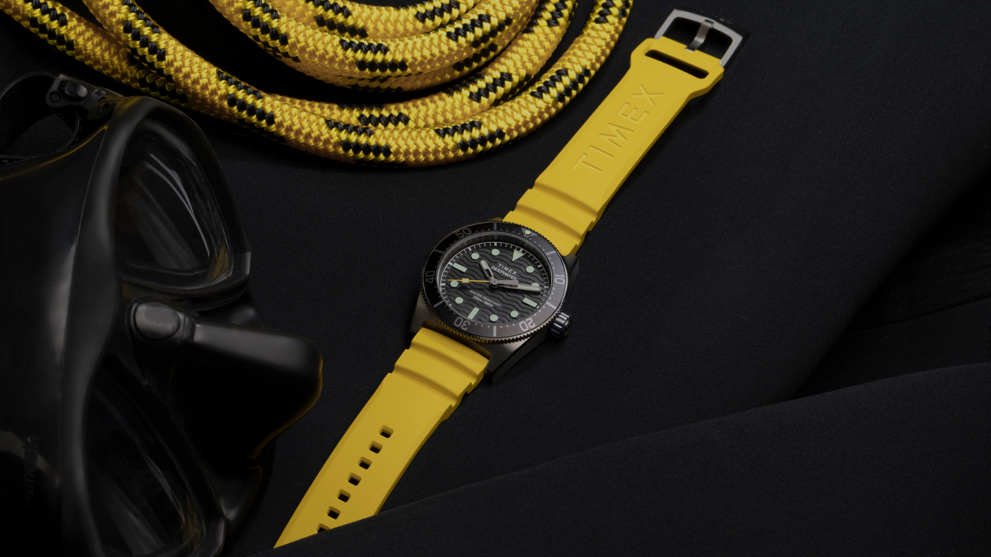 a beauty image of Timex Deepwater Automatic Titanium with its Timex Yellow Strap