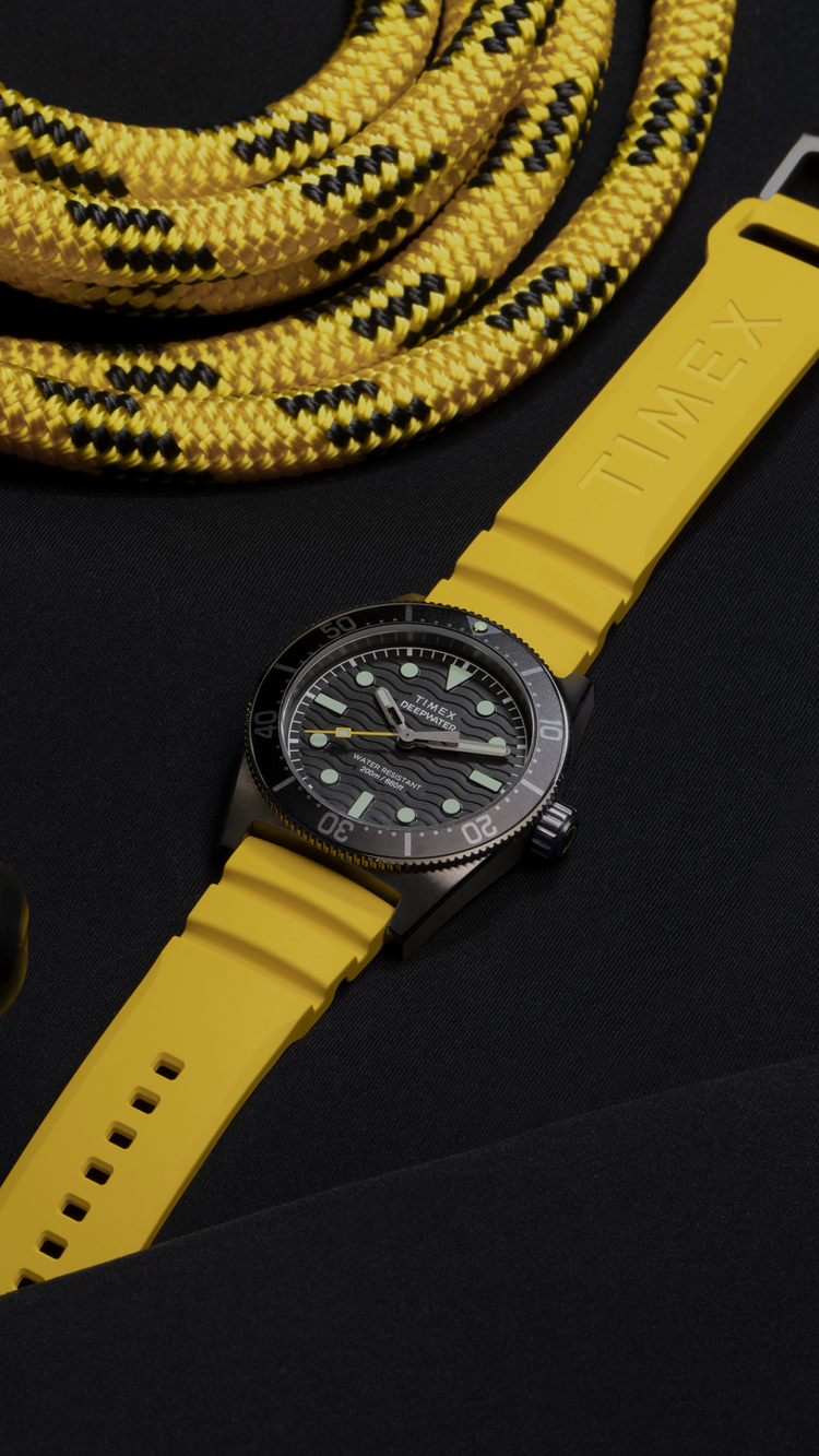 a beauty image of Timex Deepwater Automatic Titanium with its Timex Yellow Strap