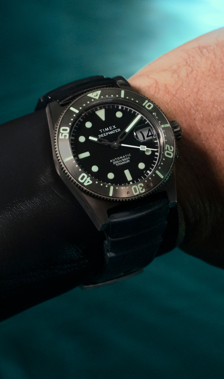 An image of a Diver while wearing a Timex Deepwater watch