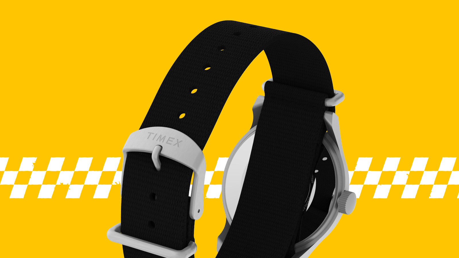 Rear three-quarter view of the Peanuts® x Timex MK1® watch highlighting the black fabric strap, brushed silver-tone buckle, and stainless steel case against a yellow background.