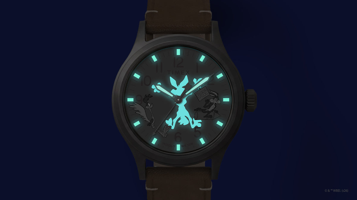 TW2Y99400 Road Runner & Wile E. Coyote watch showing a hidden coyote silhouette, hands, and hour markers glowing turquoise in the dark.