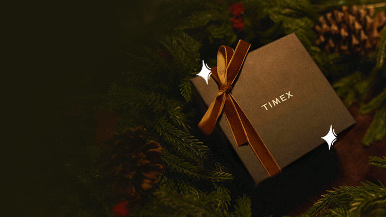 Gifts Under $250 - Timex gift box tied with a gold ribbon among evergreen branches, accented with white sparkles.