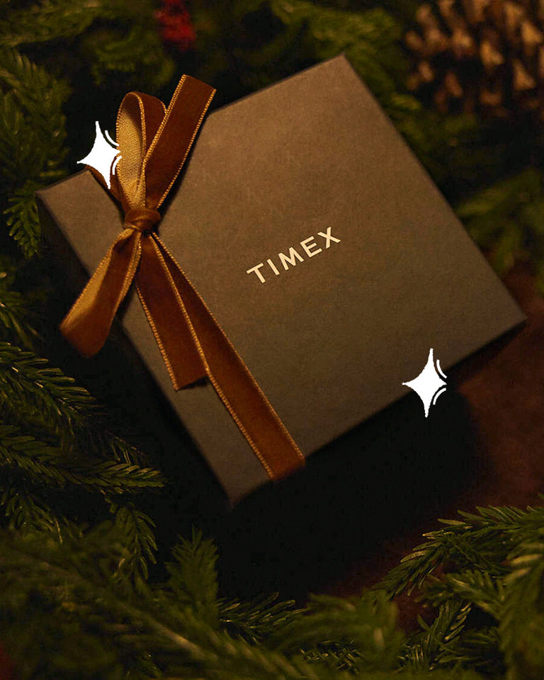 Timex gift box tied with a gold ribbon nestled among evergreen branches and pine cones.