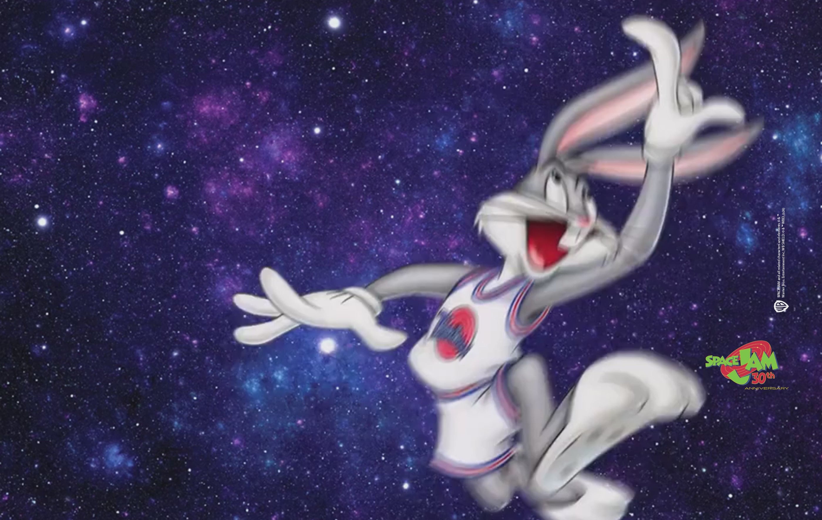 Video of Space Jam x Timex Q 30th Anniversary Limited Edition watch showcasing stainless steel bracelet, rotating bezel, Bugs Bunny basketball dial, and glow-in-the-dark details against a space-themed background