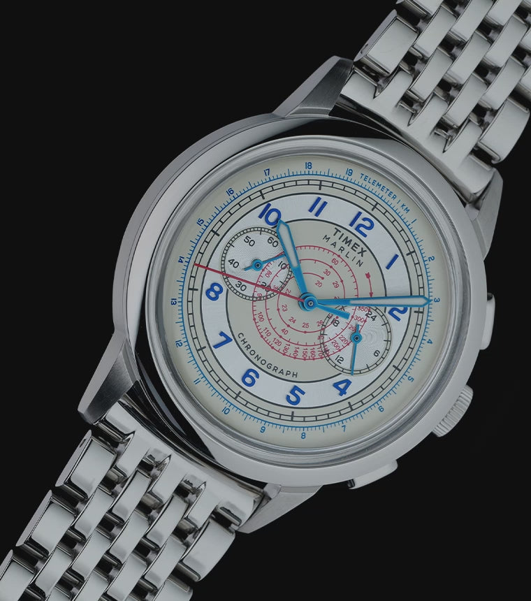 TW3A00300 Marlin® Neo Classic Chronograph, highlighting its dial, subdials, case, and bracelet.