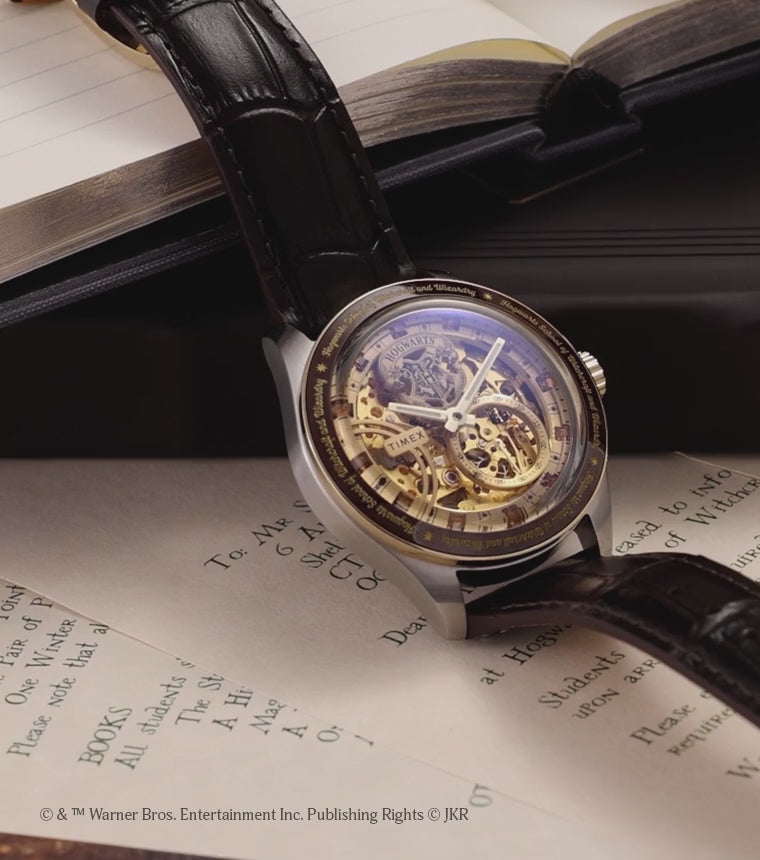 Promotional video of the Timex x Harry Potter Waterbury Skeleton Automatic watch, highlighting its open-work dial and mechanical movement.