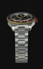 TW2Y93500 Waterbury Heritage Automatic GMT with a black dial, two-tone 24-hour bezel and stainless-steel bracelet, highlighting its glow-in-the-dark details.