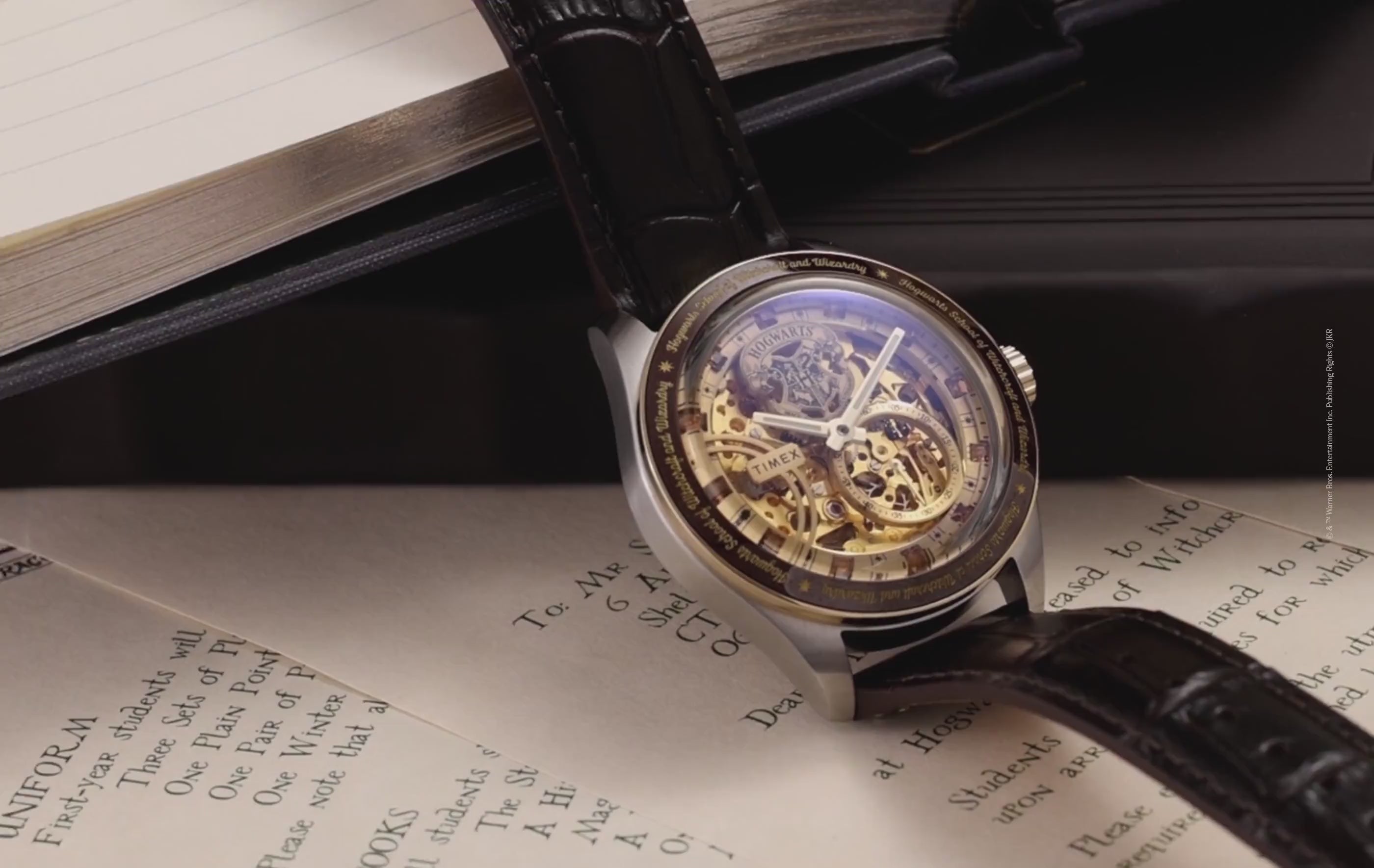 Promotional video of the Timex x Harry Potter Waterbury Skeleton Automatic watch, highlighting its open-work dial and mechanical movement.